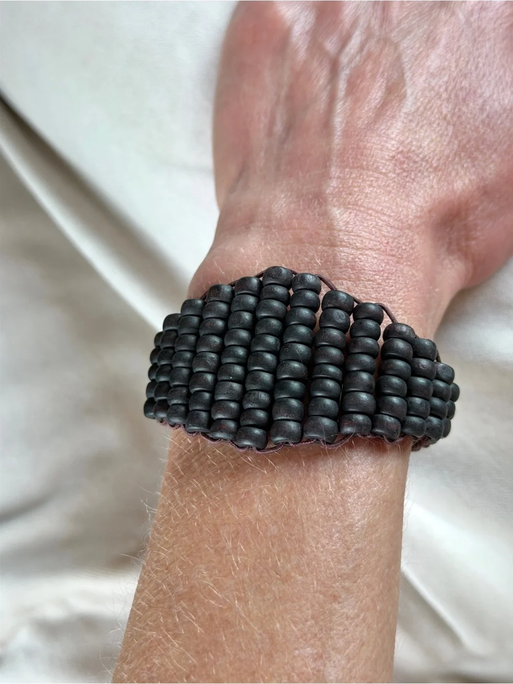 Black-Brown Wood Beads Woven Stretch Bracelet